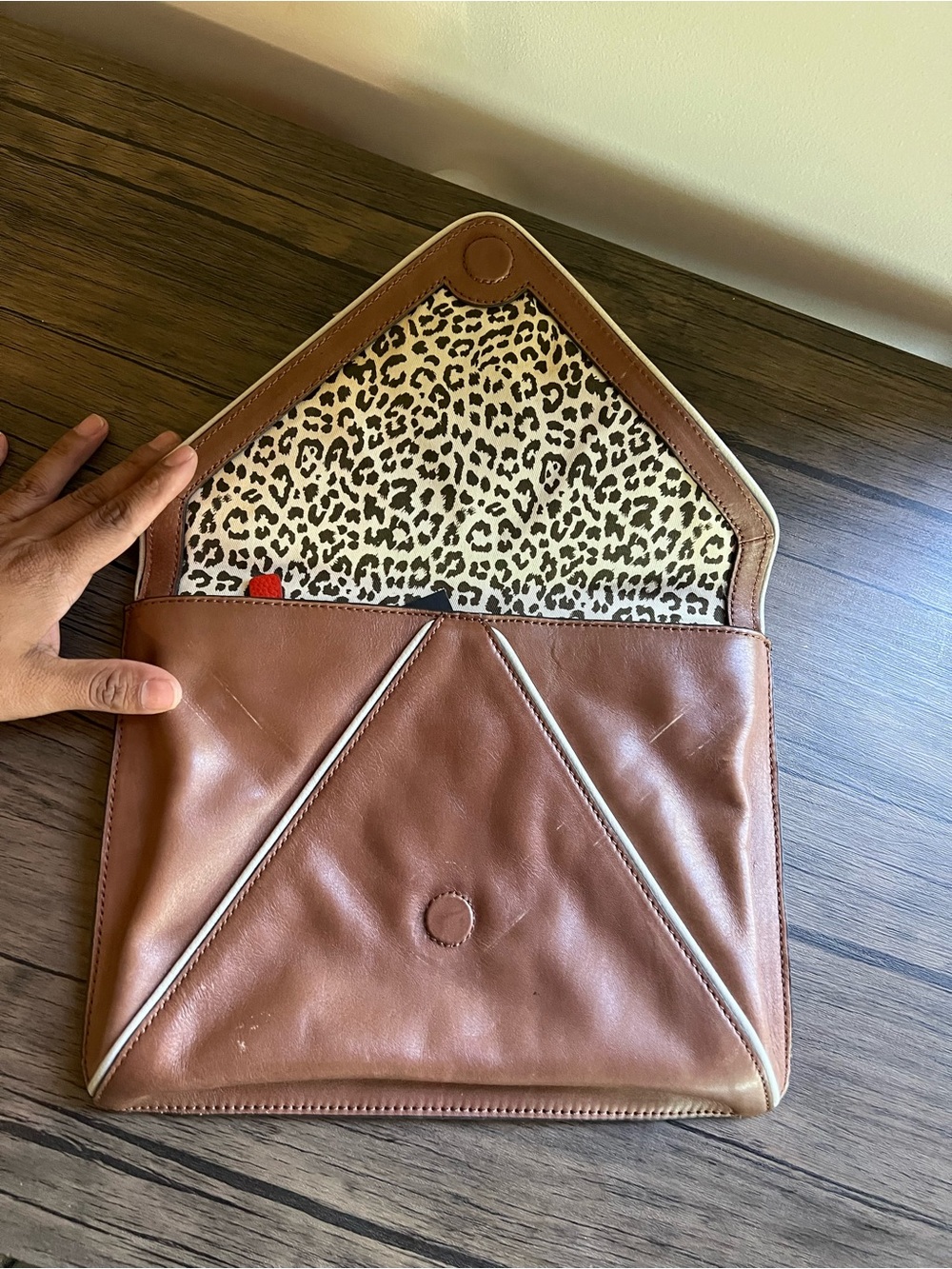 Banana Republic Brown Leather Envelope Clutch with Leopard-Print Lining